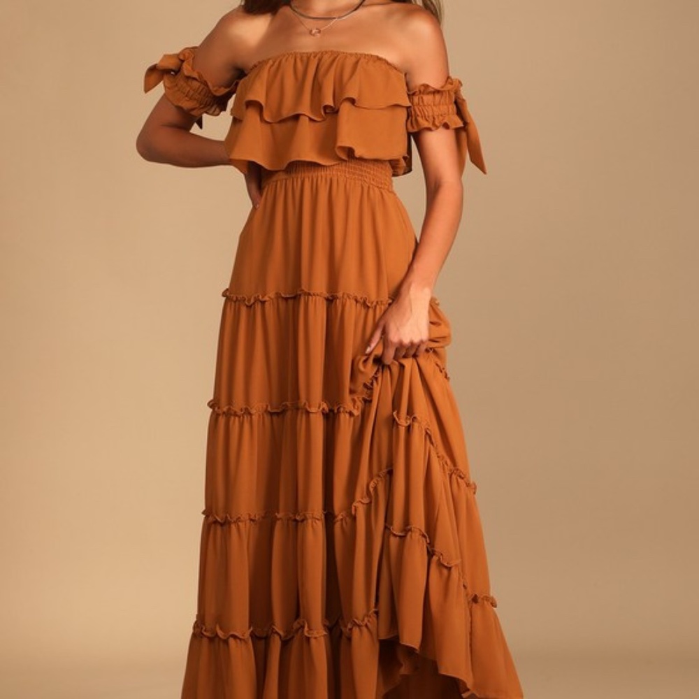 NWT Lulus Light Brown Off-the-shoulder Ruffled Maxi Dress - Size L
